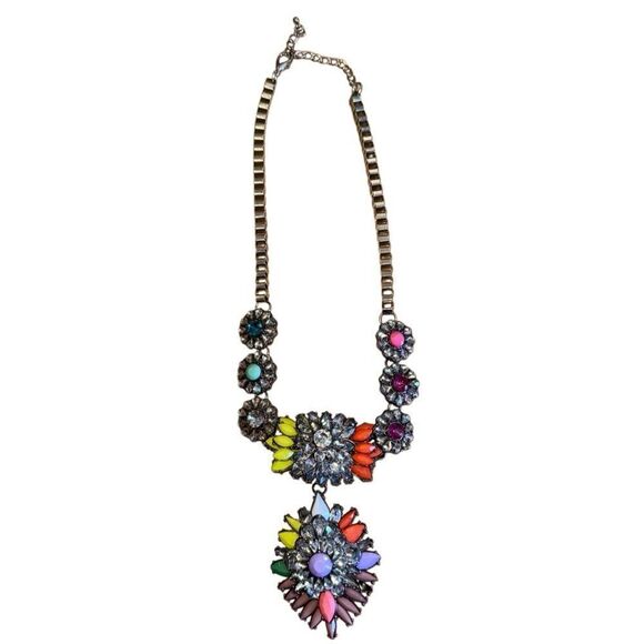 Glamorous Large Rainbow Bright Grannycore Rhinestone Colorful Statement Necklace - Picture 2 of 5